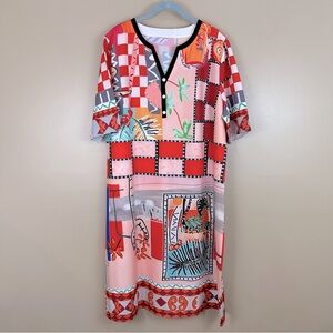 Red Pink Colorful Tropical Fruit Shift Midi Dress 3XL Caftan Casual House Dress